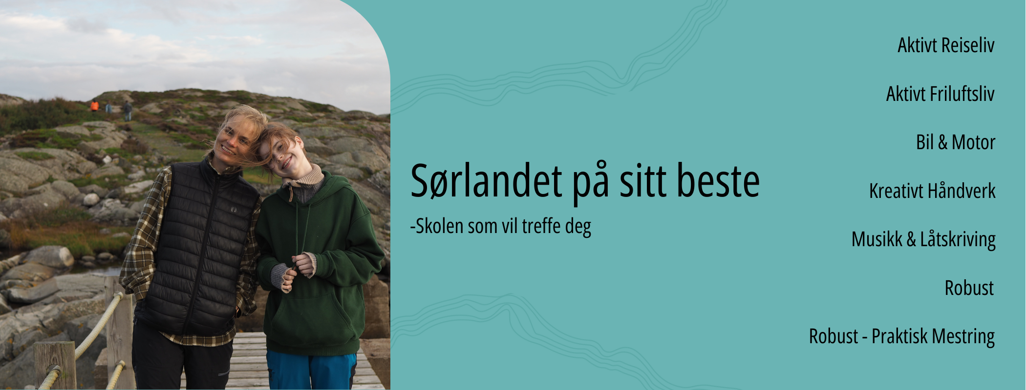 Linjene på Evje Folkehøgskole. Bilde av to elever i naturen.